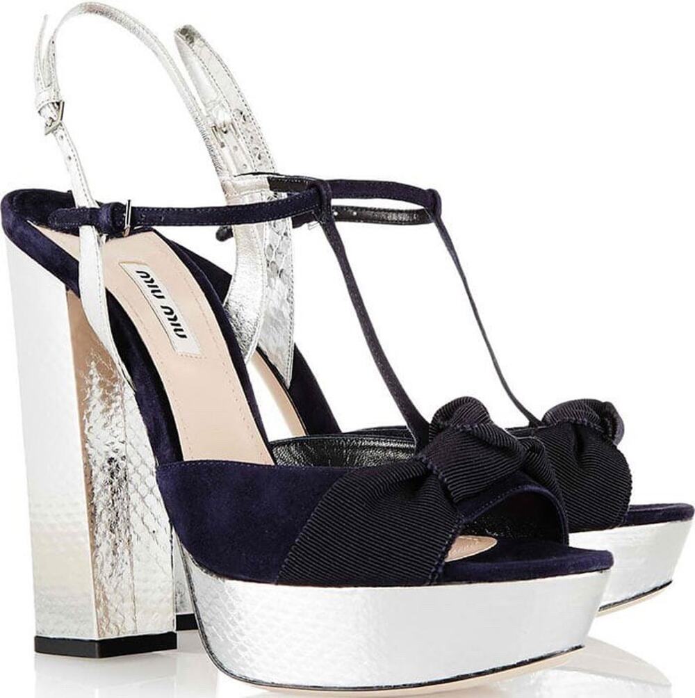 Miu Miu Black Silver Navy Bow Platform Strappy Heels 38